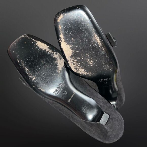 Vintage Prada Black Suede Kitten Heel Bow Detail Slip On Loafer Size 37 US 7 - Picture 3 of 13